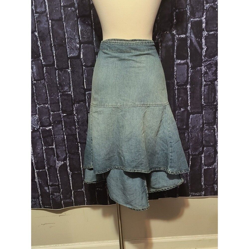 Venezia Jeans Denim Midi Skirt Women’s 24 Blue Hi-Low Tiered Mermaid Side Zip